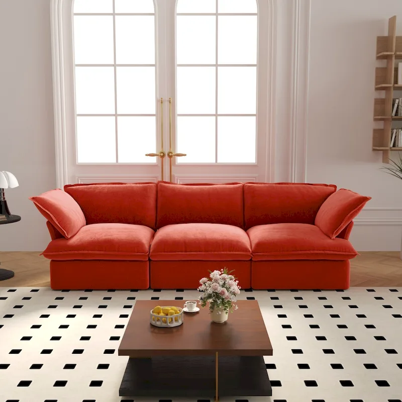 3-Seater Velvet Cloud Sectional Sofa, Down Feather Wide Deep Seat Modular Couch