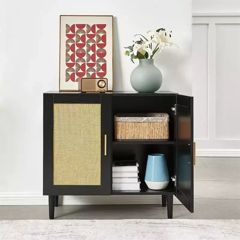 Buffet Cabinet with Storage, Rattan Storage Cabinet with Doors and Adjustable Shelves, Modern Sideboard Cabinet for Hallway Entry Living Room