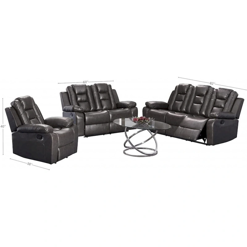 Grey PU Leather 3/2-piece Sofa, Loveseat and Recliner Living Room Set