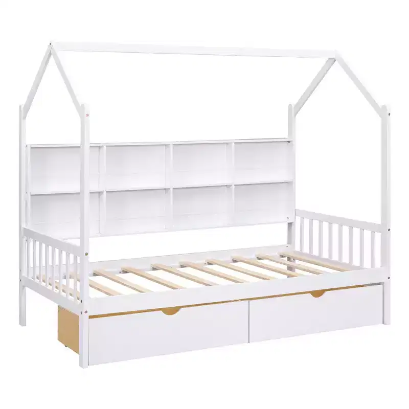 Wooden Twin Size House Bed With 2 Drawers, Storage Shelf Kids' Bed, Multifunctional Sky Roof House Bed Frame, White_Twin Size 1
