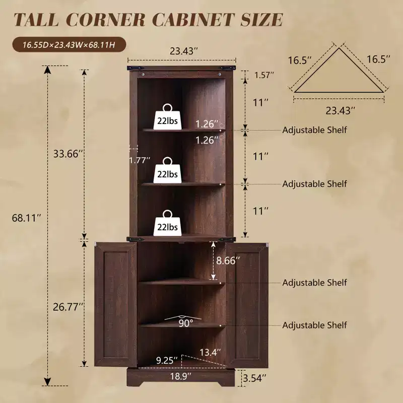Farmhouse 68 Tall Corner Cabinet, Tall Storage Cabinet with Barn Door