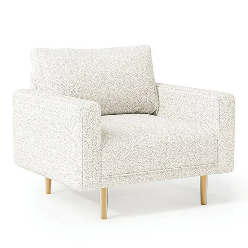 Off White Boucle Bench Seat Accent Chair with Track Arms and Brown Wood Legs for 1 Person