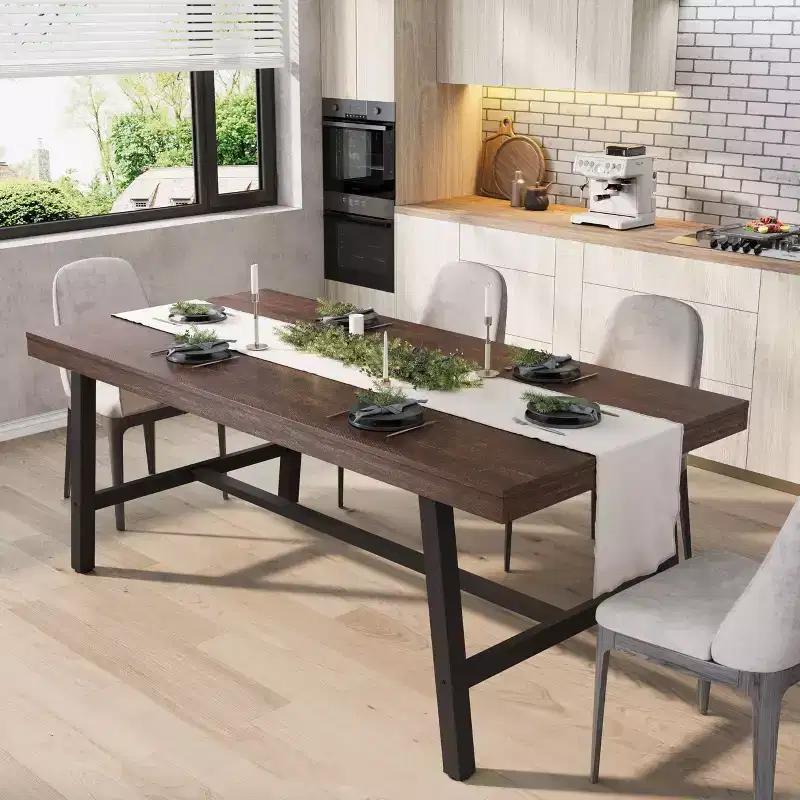 Industrial Dining Table for 4-6 People,70.8 Long Wooden Kitchen Table with Sturdy Metal Frame & Black Finish - Seats 4 Rectangular Counter for Dinner