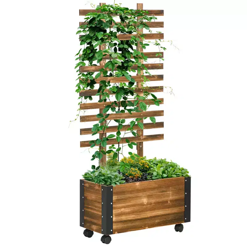 Wooden Raised Garden Bed, Planter Box w/ Trellis and Metal Corners, Portable on Wheels for Patio, Deck