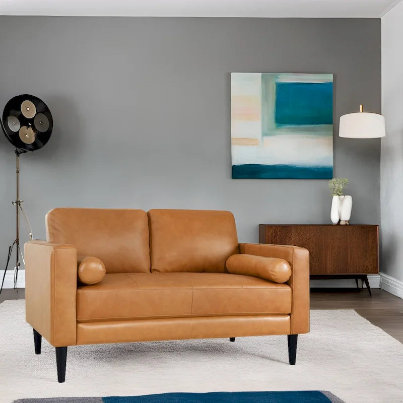 Luxury Cowhide Leather Loveseat with Firm Cushions, Spacious 2-Seat Design, and Bolster Pillows