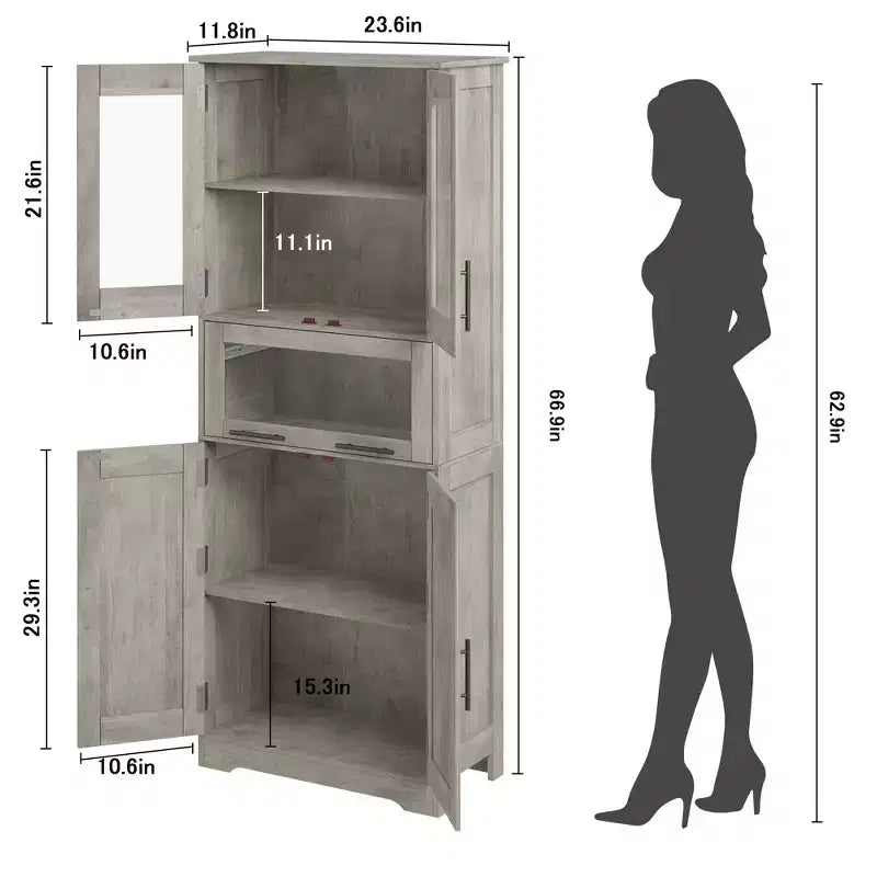 67 Tall Kitchen Pantry Storage Cabinet with Glass Doors, Adjustable Shelves, Drawer, for Bathroom, Dining Room, Living Room