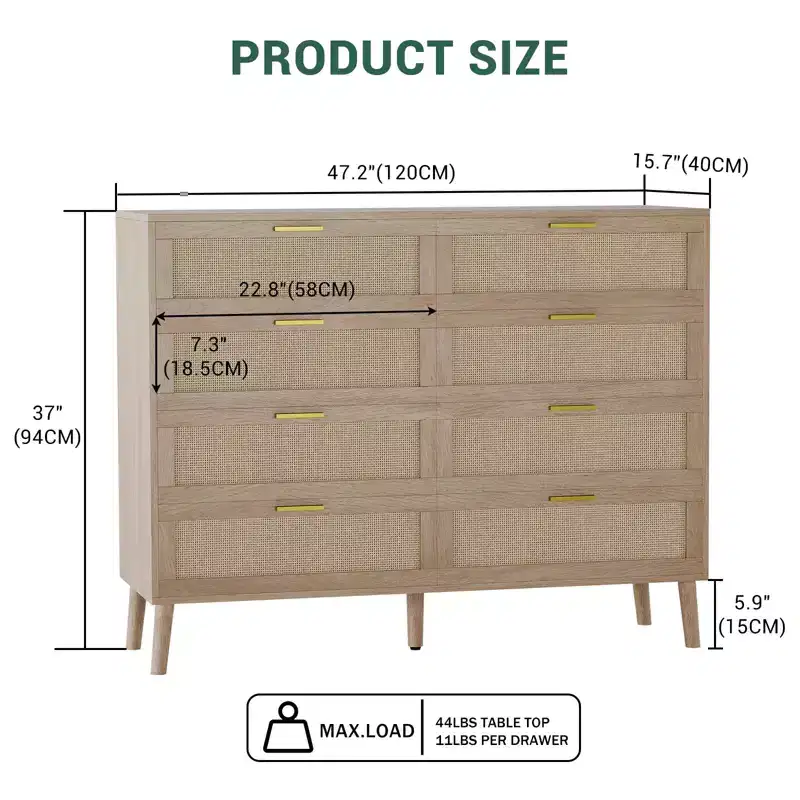 COZONY 8-Drawer Rattan Dresser w/ Gold Handles Farmhouse Wooden Chest of Drawers for Bedroom, Living Room, Entryway & Hallway