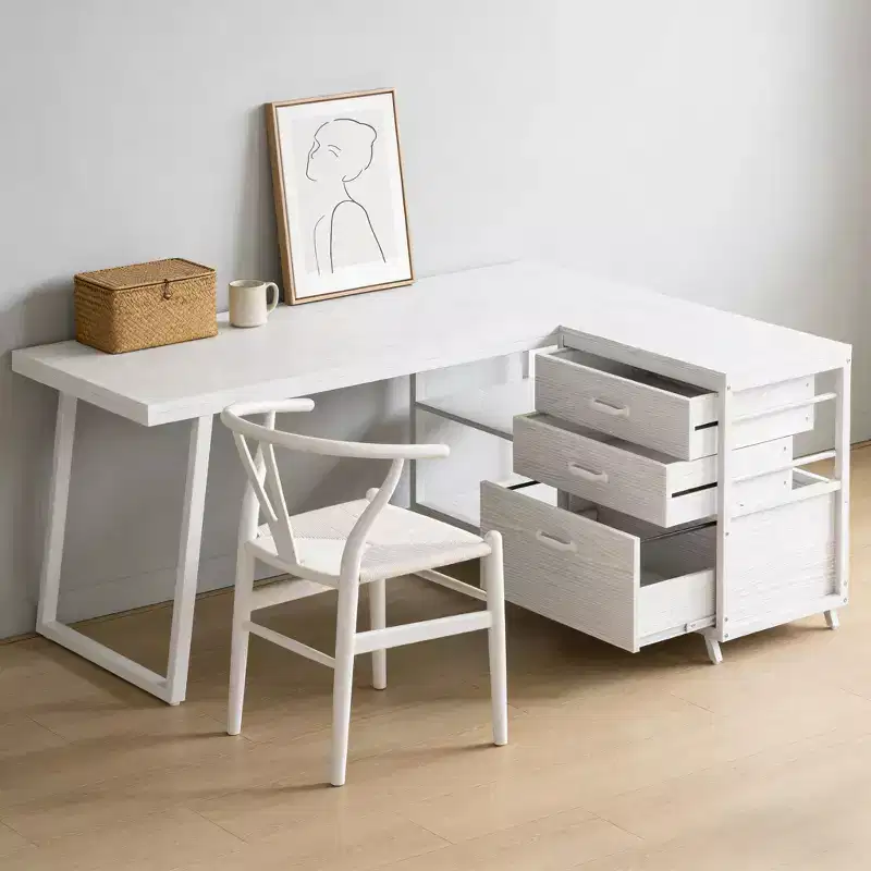 Modern Reversible L-Shaped Desk with 3 Drawers & Open Shelves, 53" Wide