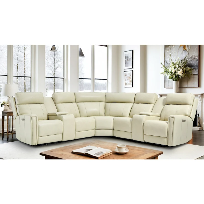 Genuine Leather Power Recliner Sectional Sofa with Ajustable Headrest, USB&USB-C Port