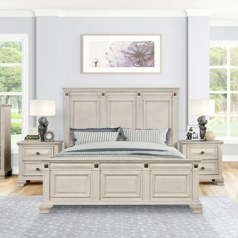 Roundhill Furniture Renova 3-Piece Distressed Parchment Wood Bedroom Set, Panel Bed with 2 Nightstands