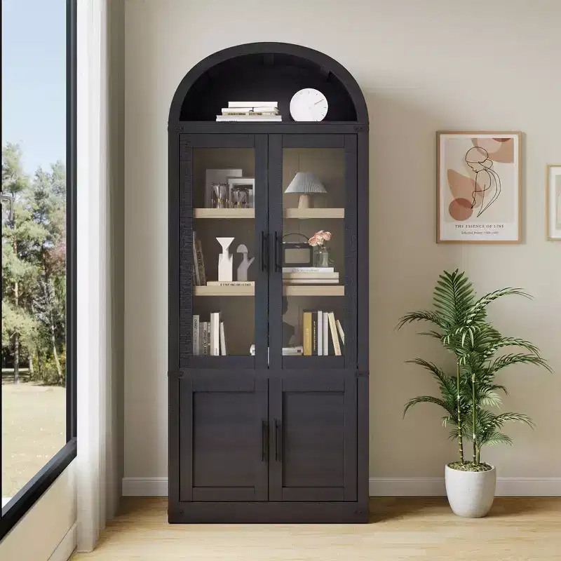 Arched 6-Shelf Bookcase with Glass Doors, Modern Wooden Display Cabinet with Storage Shelves for Books, Dcor and Collectibles