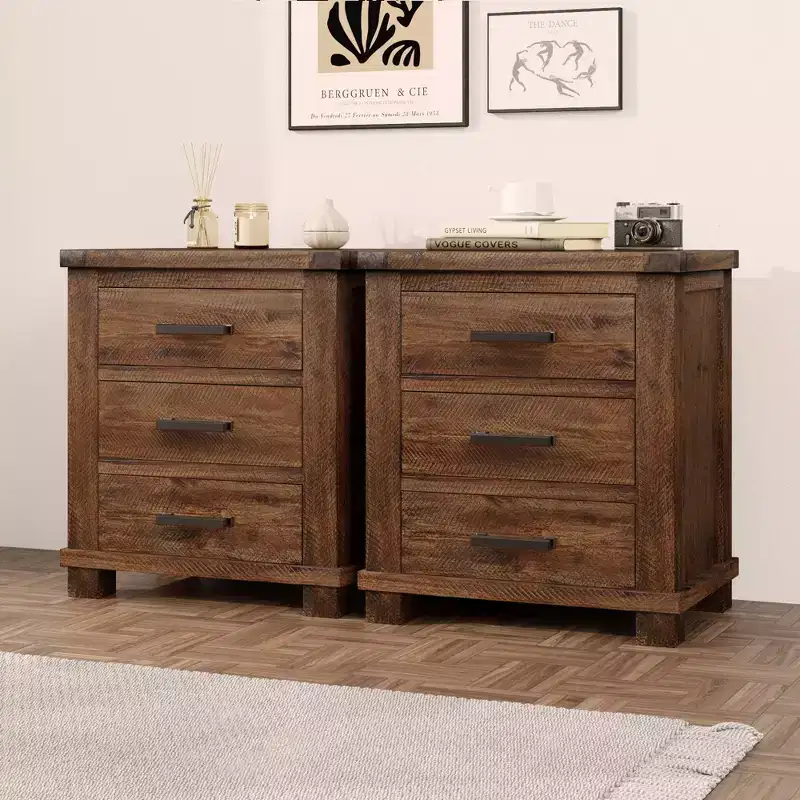 Rustic Solid Wood Nightstand with 3-Drawer (Set of 2)