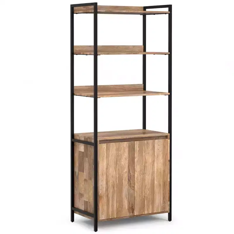 Paola SOLID MANGO WOOD 74 inch x 30 inch Modern Industrial Large Bookshelf with Cabinet in Natural