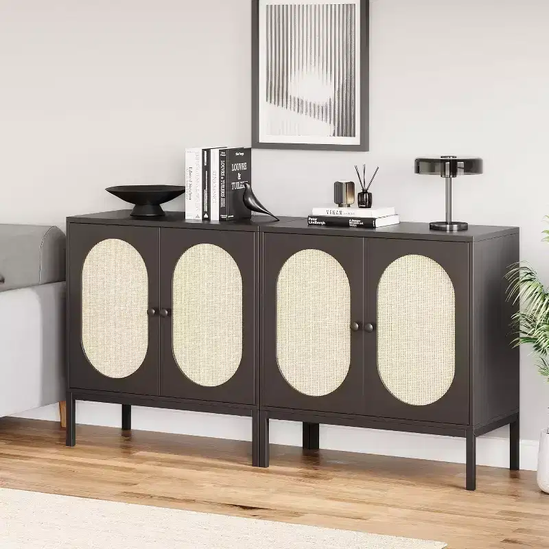 Rattan Storage Cabinet with Doors & Shelves, Wood Buffet Sideboard & Console for Living Room, Dining Room, Hallway (2pcs)