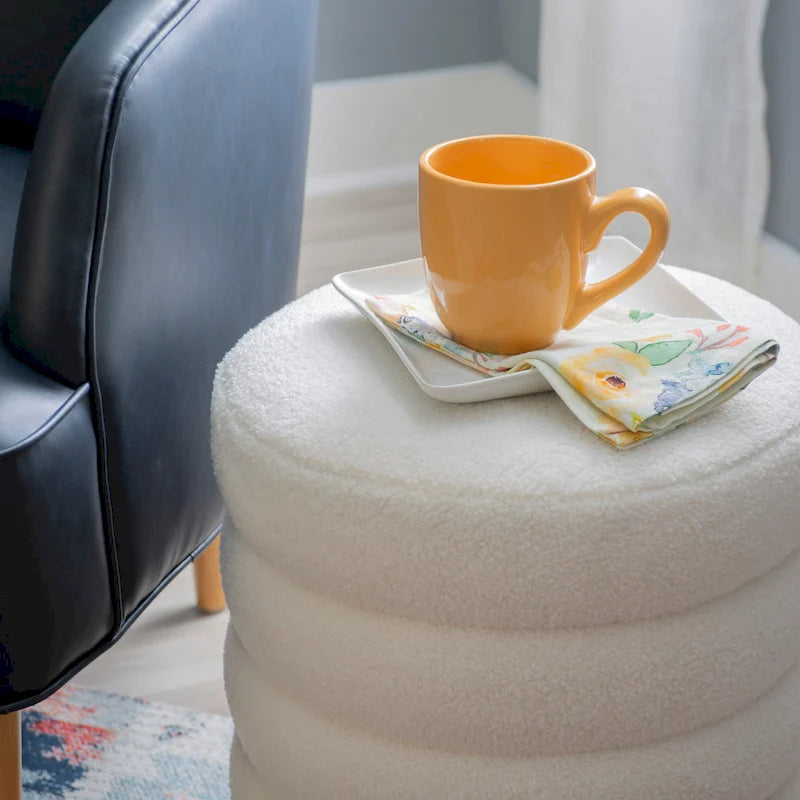 White Round Sherpa Ottoman
