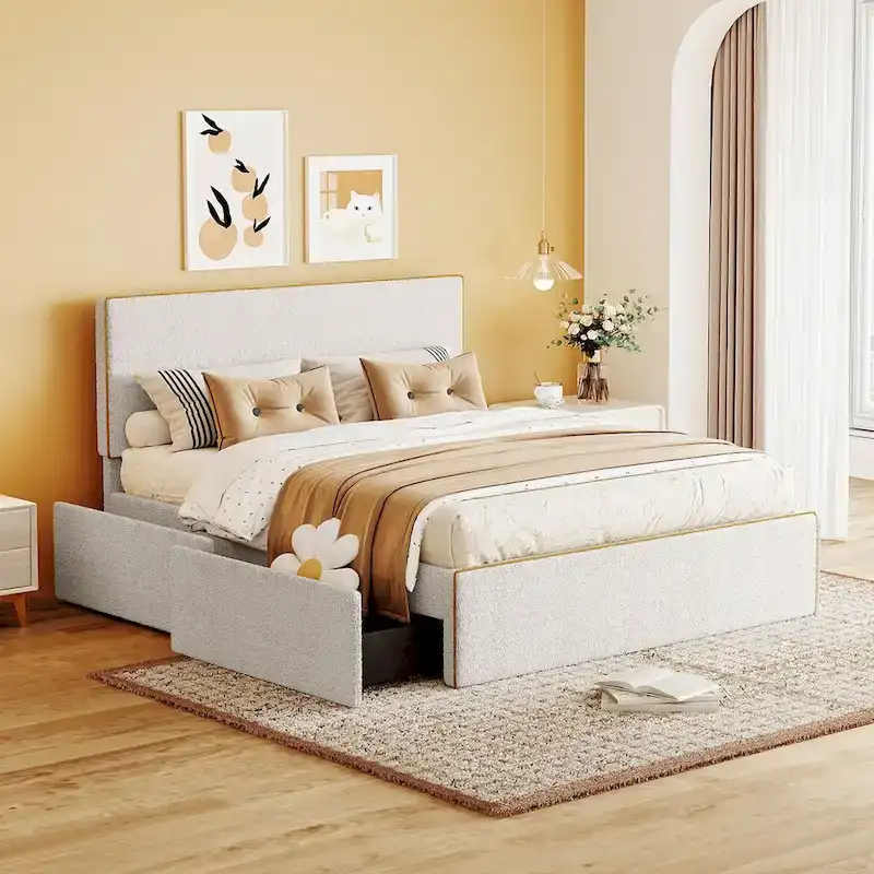 Full Size Fleece Upholstered Platform Bed with 4 Drawers and Golden Edge on the Headboard & Footboard
