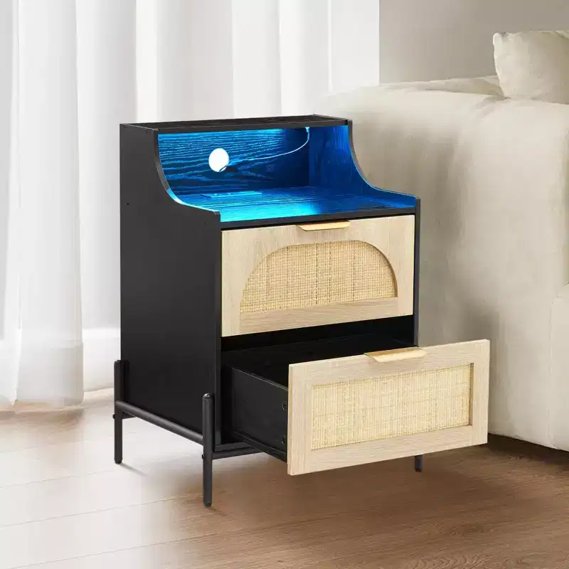 2-Pack Black Rattan Nightstand with Charging Station C USB Port, LED Lights & 2 Drawers, Modern Bedside/End Table for Bedroom, Living Room & Dorm
