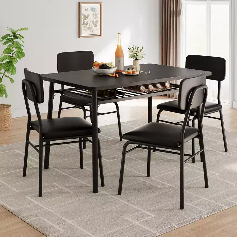 Dining Table Set for 4  5-Piece Kitchen Table and Chairs with Storage Rack, Wood Tabletop, Heavy-Duty Metal Frame, Upholstered SeatsSpace-Saving