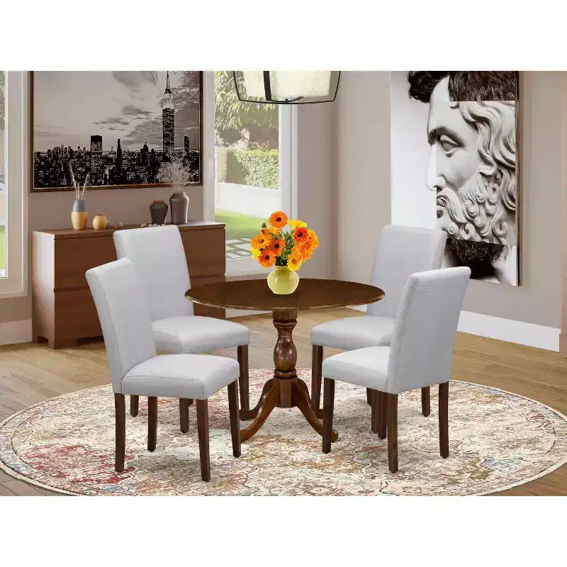 HomeStock 5-Piece Antique Walnut Finish Solid Wood Top Dining Table with 4 Parson Chair with Drop Leaf Lattice Back