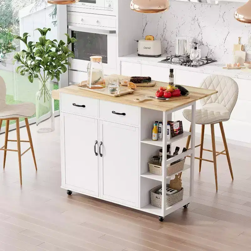 43" Wood Top Kitchen Island Table with 2 Door Cabinets, 2 Drawers & Spice Rack