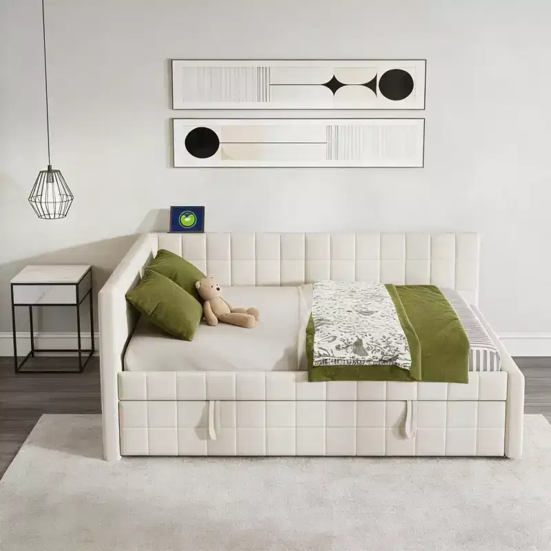 Luxystar Full Size Upholstered Corner Daybed With Pop Up Trundle And Usb Ports
