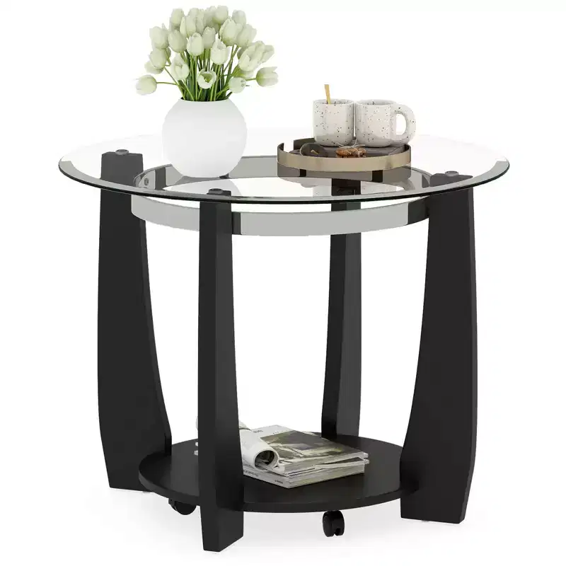 Costway 32 2-Tier Glass Coffee Table with Tempered Glass Top Bottom Storage Shelf & Wheels Transparent & Walnut/Black