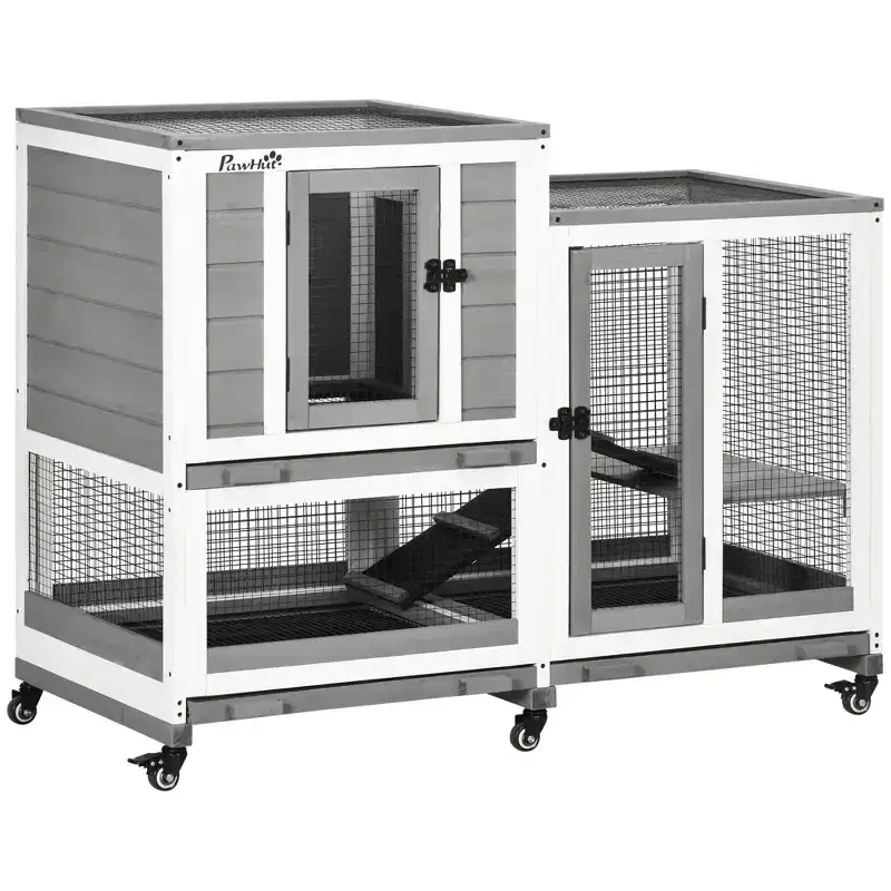 PawHut Three Story Rabbit Hutch, Indoor Wooden Rabbit Cage Bunny Hutch with Runs, Wheels, Waterproof Roof and Removable Tray, Gray