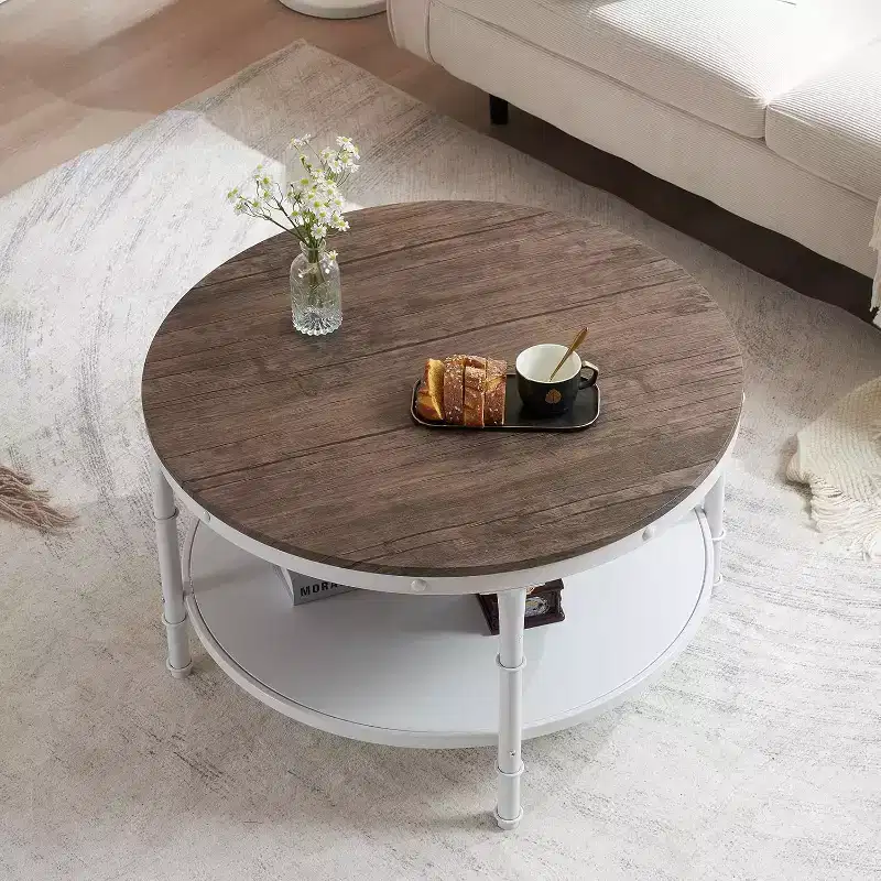 VINGLI 31.5 Dark Walnut White Round Farmhouse Coffee Table, 2-Tier Storage Wood Center Circle Accent Table for Living Room