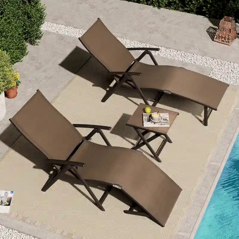 VredHom Outdoor Portable Folding Chaise Lounge Chair with Table (Set of 3) - 70 L x 20 W x 14 H