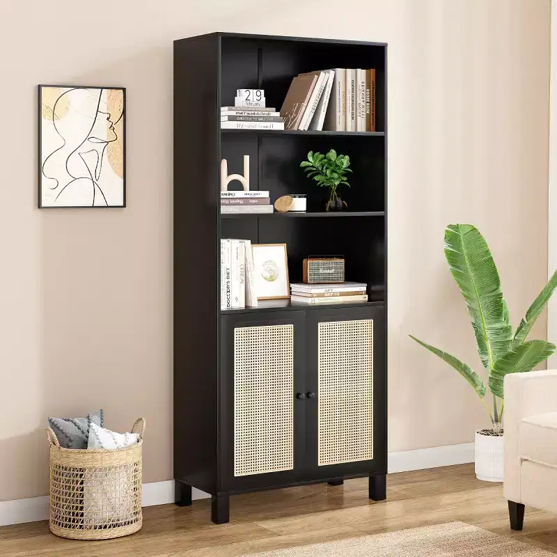 Tall Decorative Bookshelf with Rattan Doors, Multi-Functional Display Case Storage Cabinet for Living Room or Home Office-Panipeachy