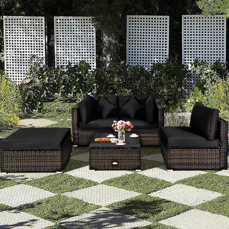 Costway 5PCS Outdoor Patio Rattan Furniture Set Sectional Conversation Turquoise\Navy\Black Cushion