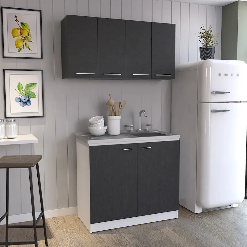 FM Furniture Aztec 2-Piece Kitchen Set with Wall Cabinet and Utility Sink Cabinet, Black/White