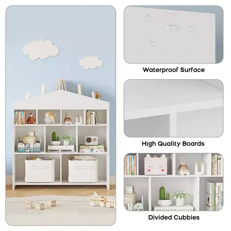 Kids Storage Organizer Bookshelf, 9-Cubby Kids Bookshelf, White Children's Shelf, House Shape Storage Cabinet for Playroom, Kids Room, School