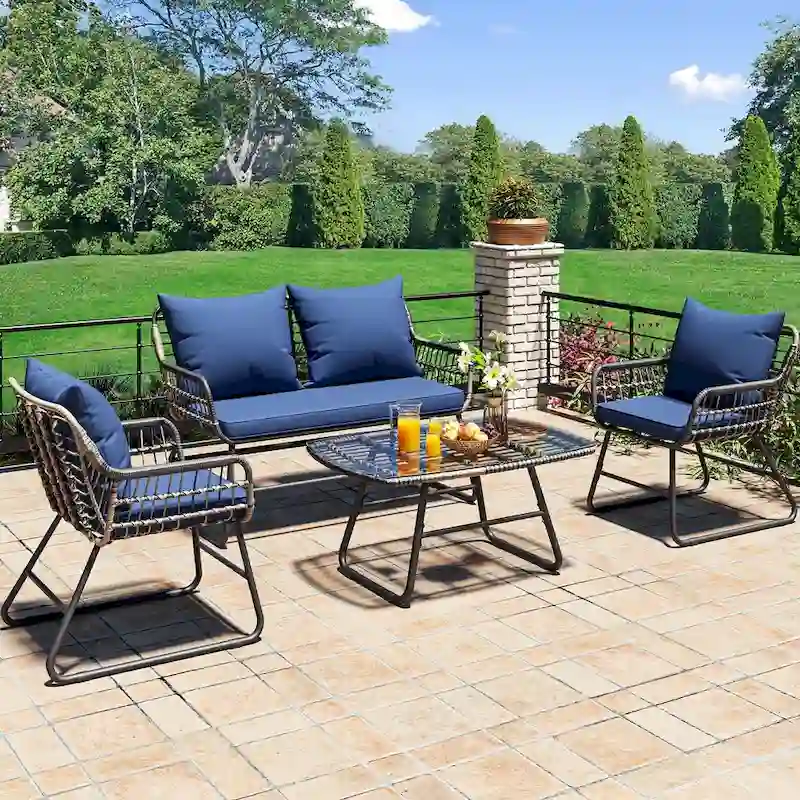 Moasis 4-Piece Blue All Weather Rattan Conversation Loveseat Bistro Set - 4 Pcs