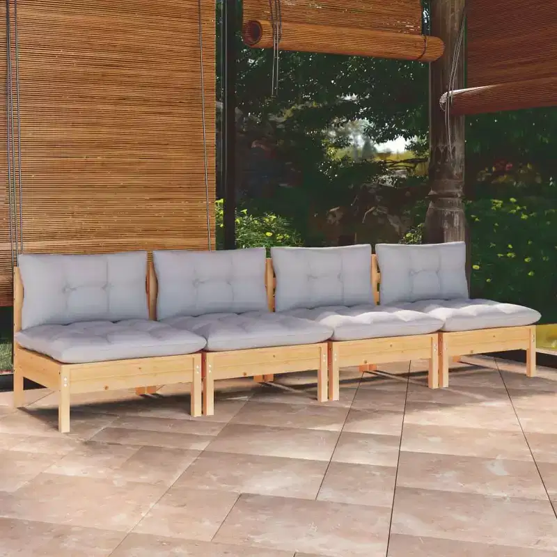 vidaXL Solid Pinewood 4-Seater Patio Sofa with Cushions Furniture Multi Colors - Brown and Gray