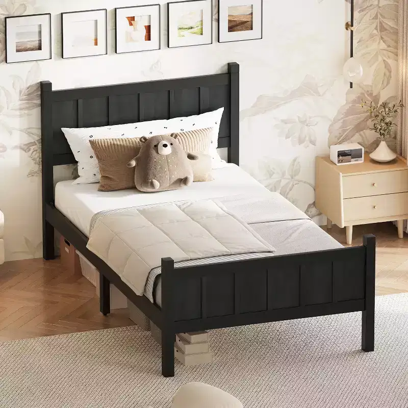 Twin/Full/Queen Size Bed Frame with Headboard & Footboard, Farmhouse Platform Bed, Wood Slats Support, Walnut
