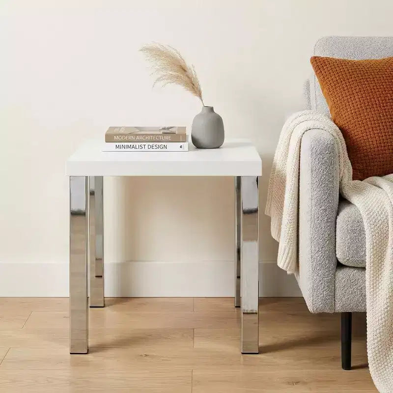 22 Chrome and White High Gloss Square End Table