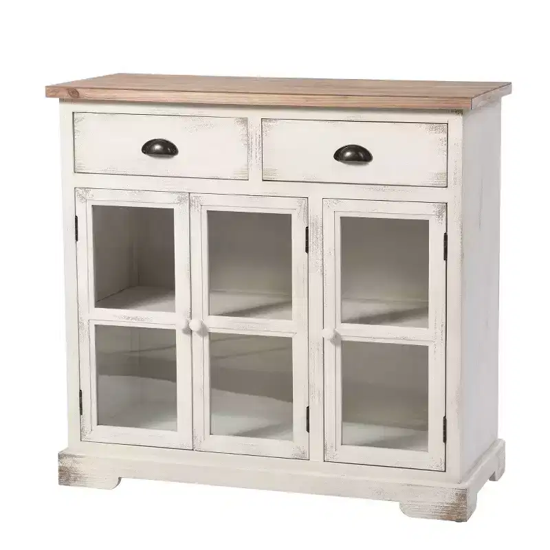 Shabby Chic Window Pane Cabinet �C Antique White, 3 Glass Doors & 2 Drawers