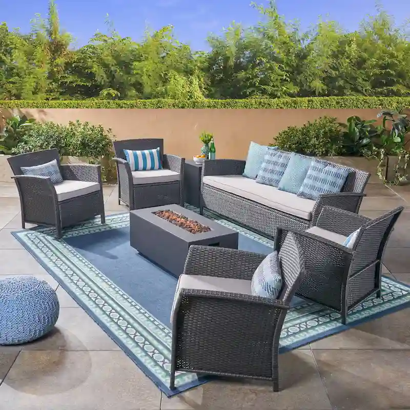 St. Lucia Outdoor 7 Seater Wicker Chat Set with Fire Pit by Christopher Knight Home