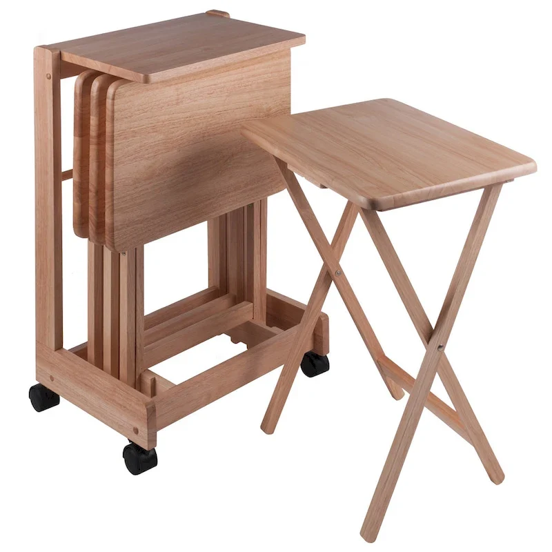5 Pc Natural Wood Brienda Flip Top Snack Table Set with Mobile Stand 32