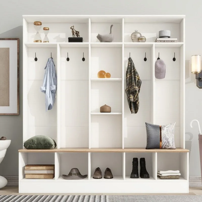 66.9 W Hall Tree with Storage Bench,Cube Storage,Shelves and 8 Hooks