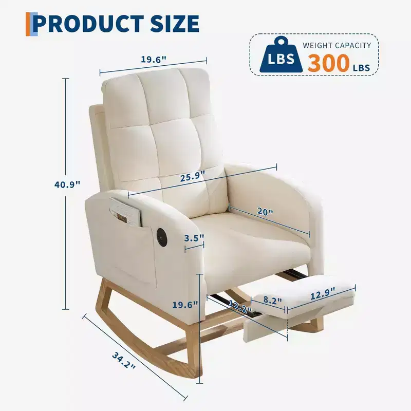 Modern Nursery Rocking Chair with USB Port, Footrest & Side Pocket - High Back Rocker Recliner Glider for Living Room, Bedroom & Nursing Room