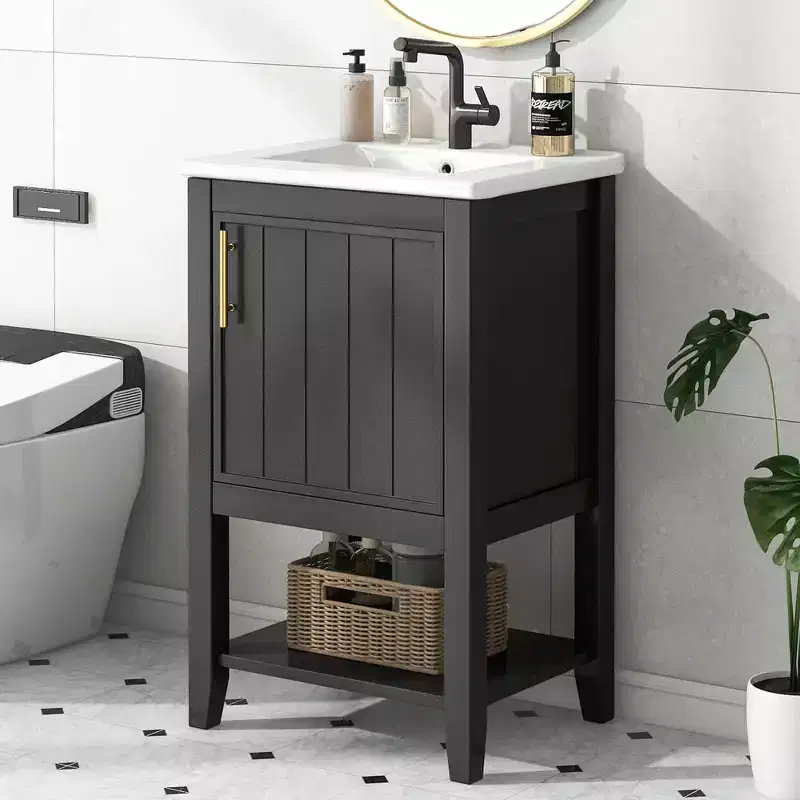 20 Small Bathroom Vanity Sink Combo with Storage , Bathroom Floor Cabinet with Open Shelf and Soft Close Door, Black