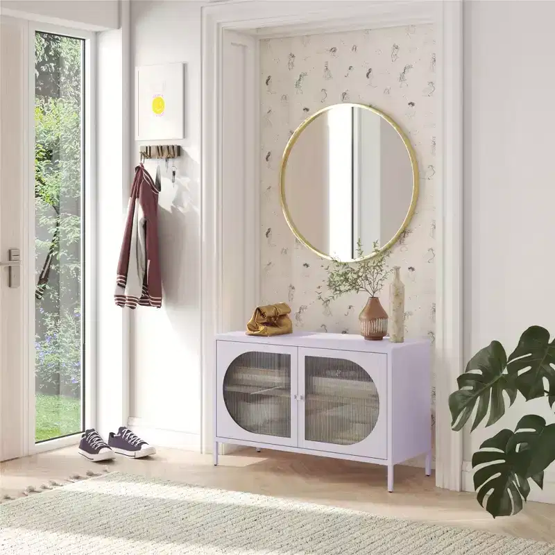 Black Metal 2-Door Accent Cabinet with Fluted Glass
