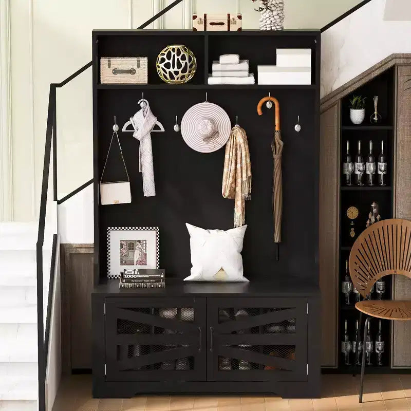43.3 Entryway Bench with Coat Rack, Hall Tree with 7 Hooks and Adjustable Shelves