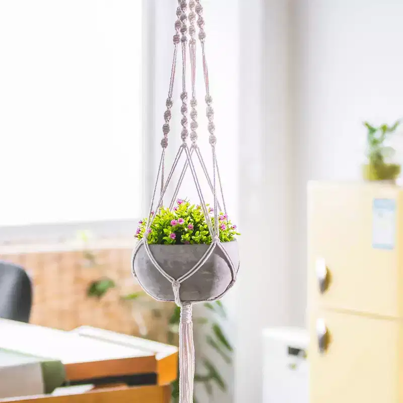 K-Cliffs Ceramic Ceiling Hanging Round Succulent Pot with Weave Woven Macram for Classic Wall Window Hanger Flower Plants Decorative Cement Planter