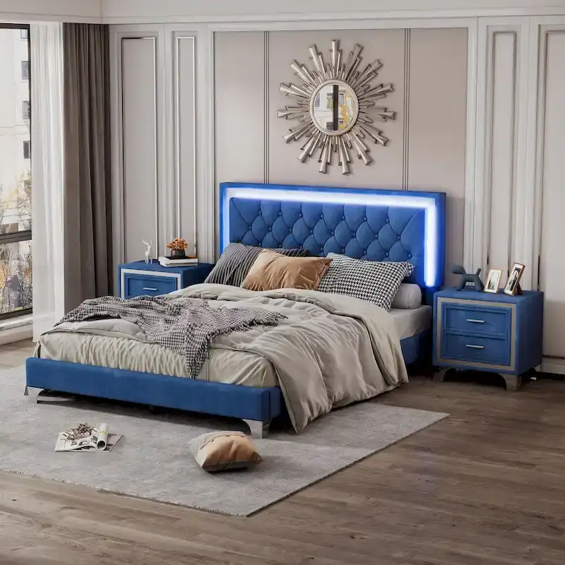 3-Pieces Bedroom Sets with Queen Size Upholstered Platform Bed and Two Nightstands