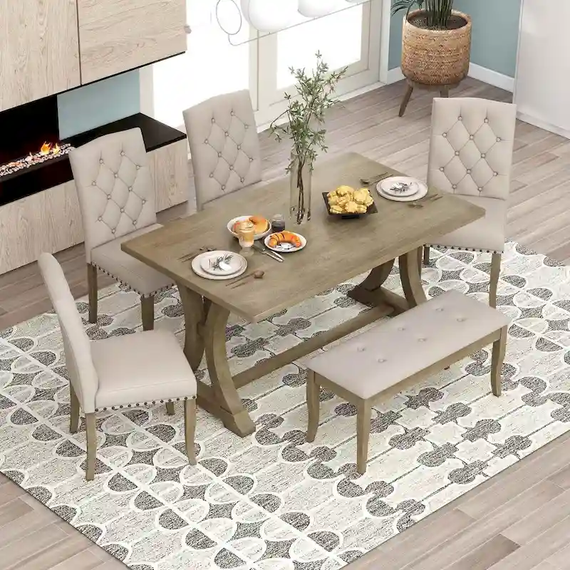 6 PCS Farmhouse Dining Table Set for 6 - Rectangular Trestle Table with Chairs & Bench