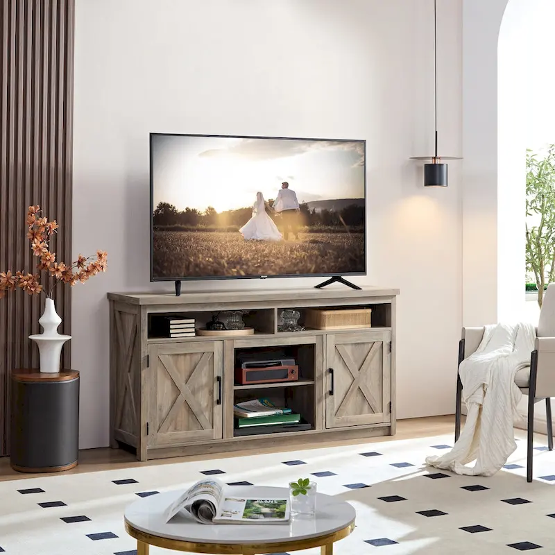 Farmhouse Barn door TV Media Stand Entertainment Console for TV Up to 65 with Open and Closed Storage Space
