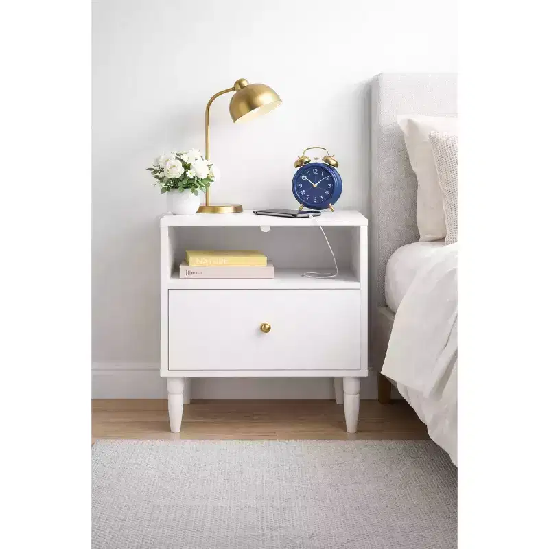 Modern White Nightstand with Drawer & Open Shelf, Gold Knob, Solid Wood Legs, Bedside Table for Bedroom/Living Room